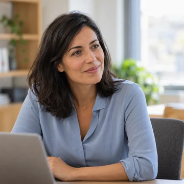 Une professionnelle échange autour d’un ordinateur.